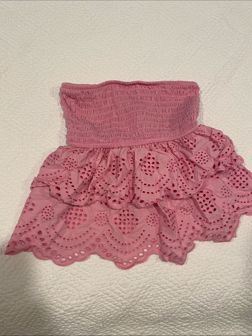 stradivarius Pink Strapless Eyelet Tiered Top
